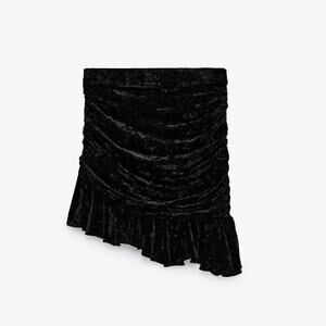 Zara Women’s Crushed Velvet Black Ruched Ruffle Hem Mini Skirt